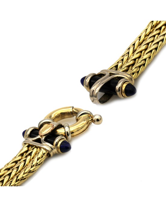 3 Row Wheat Chain Medusa Coin Replica Onyx and Lapis Bullet Bracelet